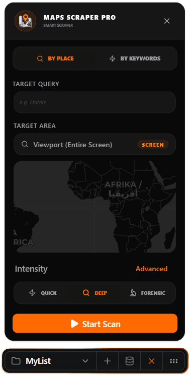 Map Scraper Pro Chrome Extension Place Search Panel showing viewport, polygon and radius geofencing options